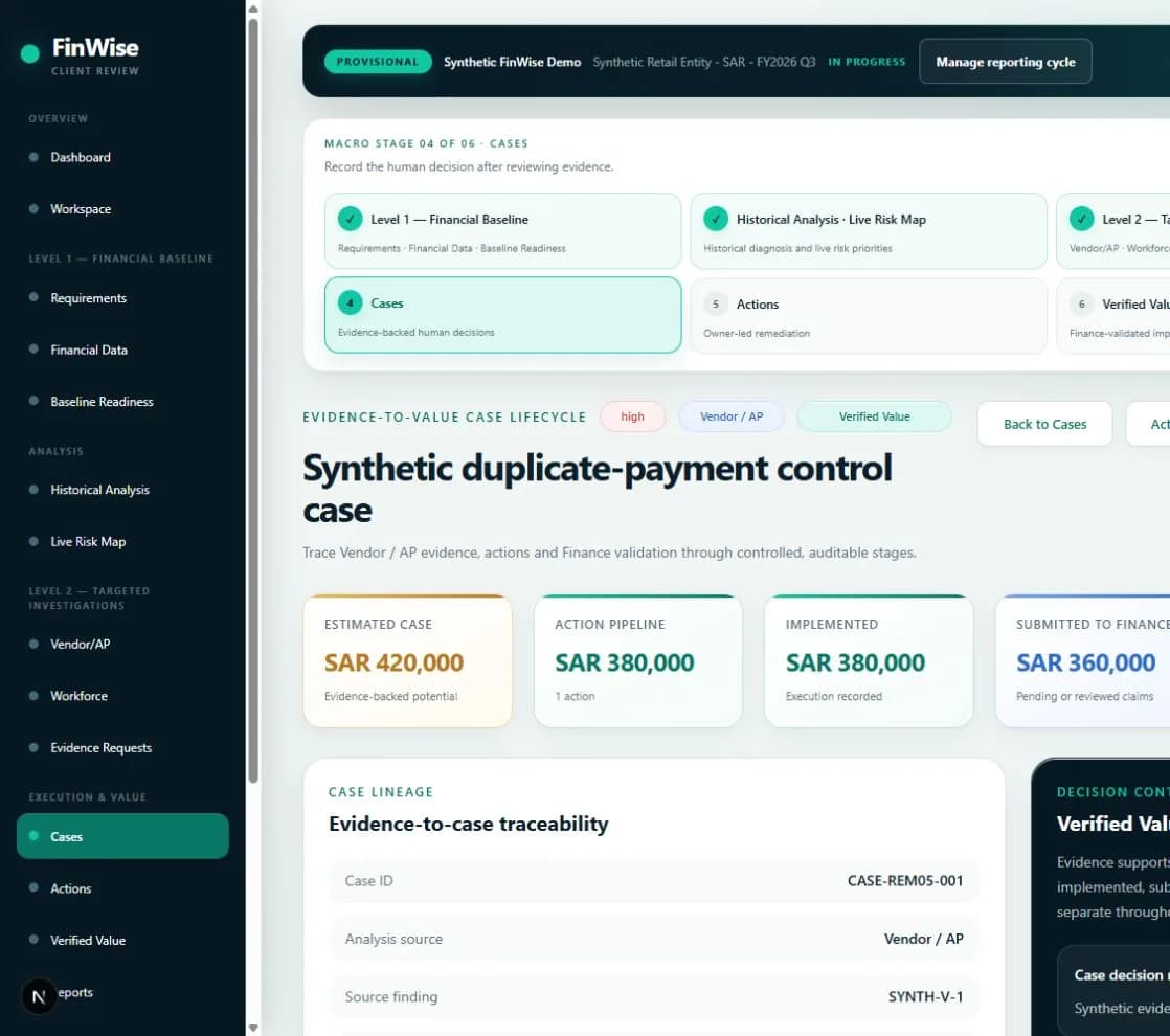 Synthetic case evidence with decision and audit timeline