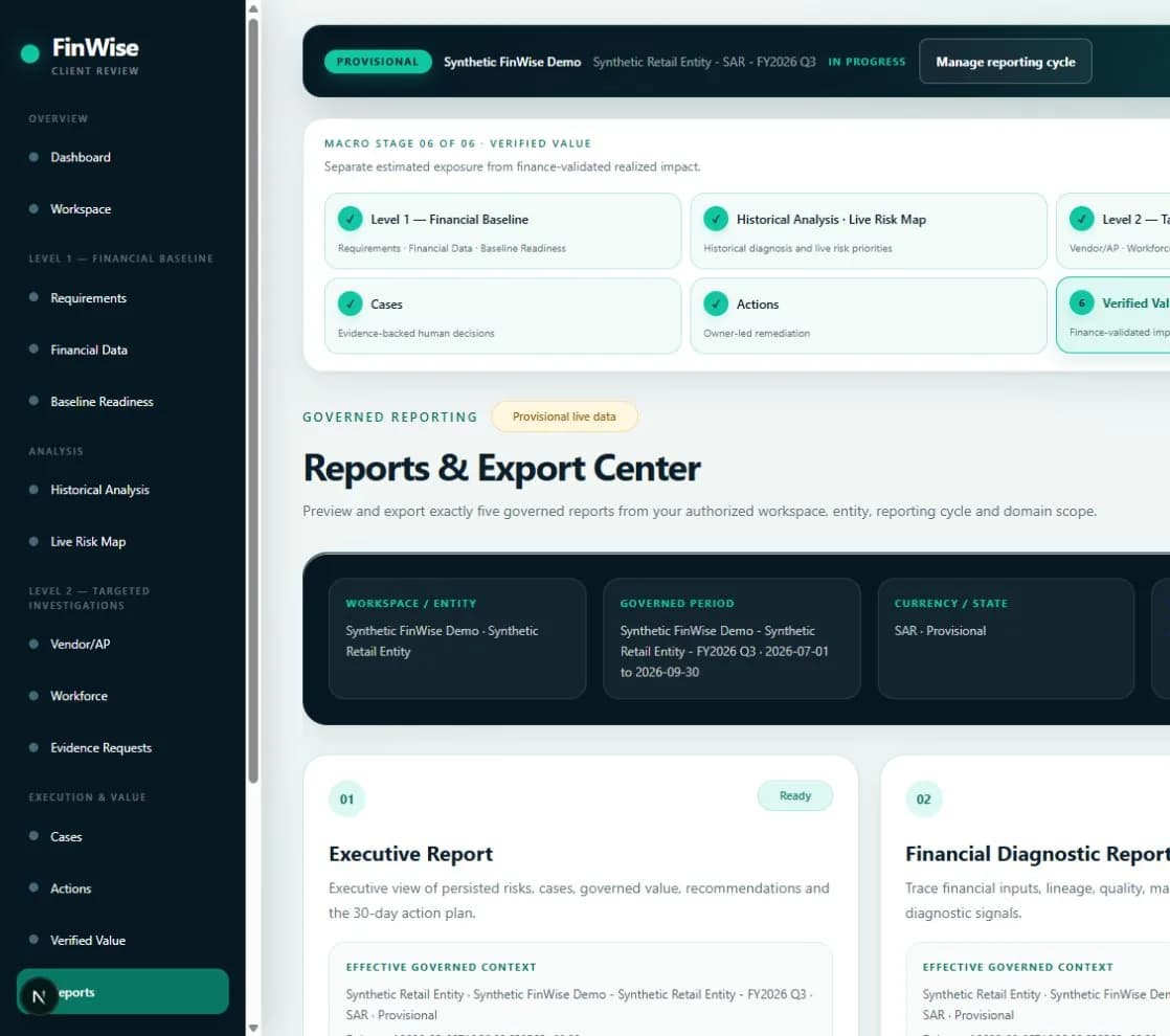 Synthetic FinWise reports and export center